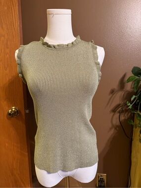 Ribbed Olive Green Ruffle-Trim Knit Tank